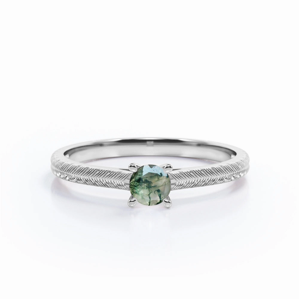 Unique Look Dainty 1 Ct Round Cut Moss Agate Solitaire Engagement Ring