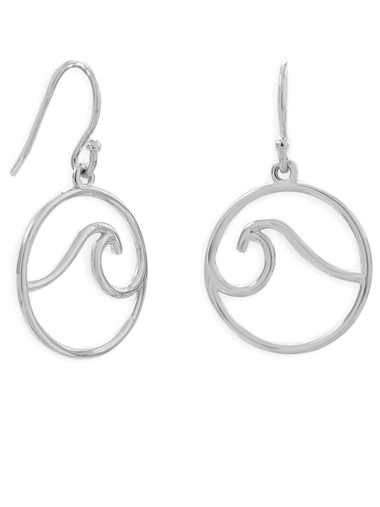 Creative Decoration Metallic Ornament Dangle Circle with Wave Earrings Rhodium on Sterling Silver - Nontarnish