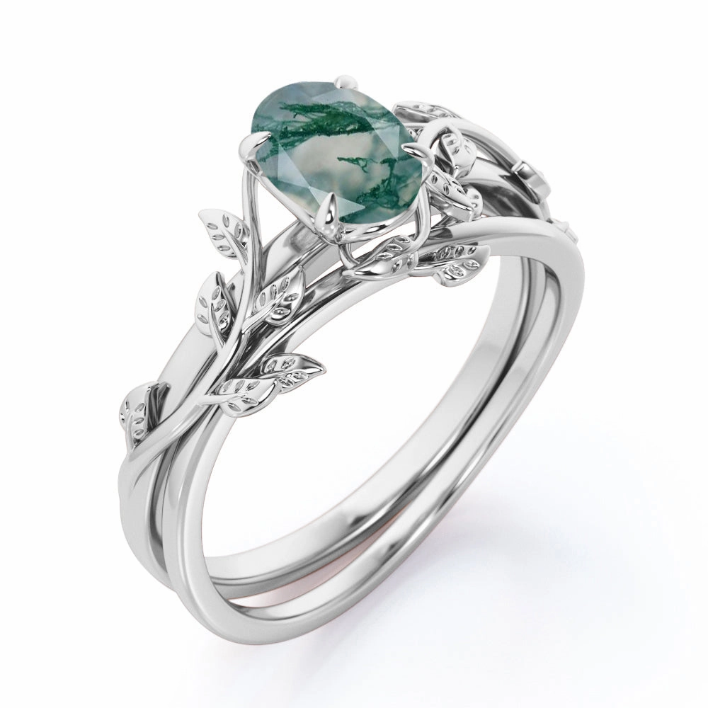 Swirl Vine 1 Ct Oval Moss Agate Bridal Set Stylish Mark Minimal Geometry