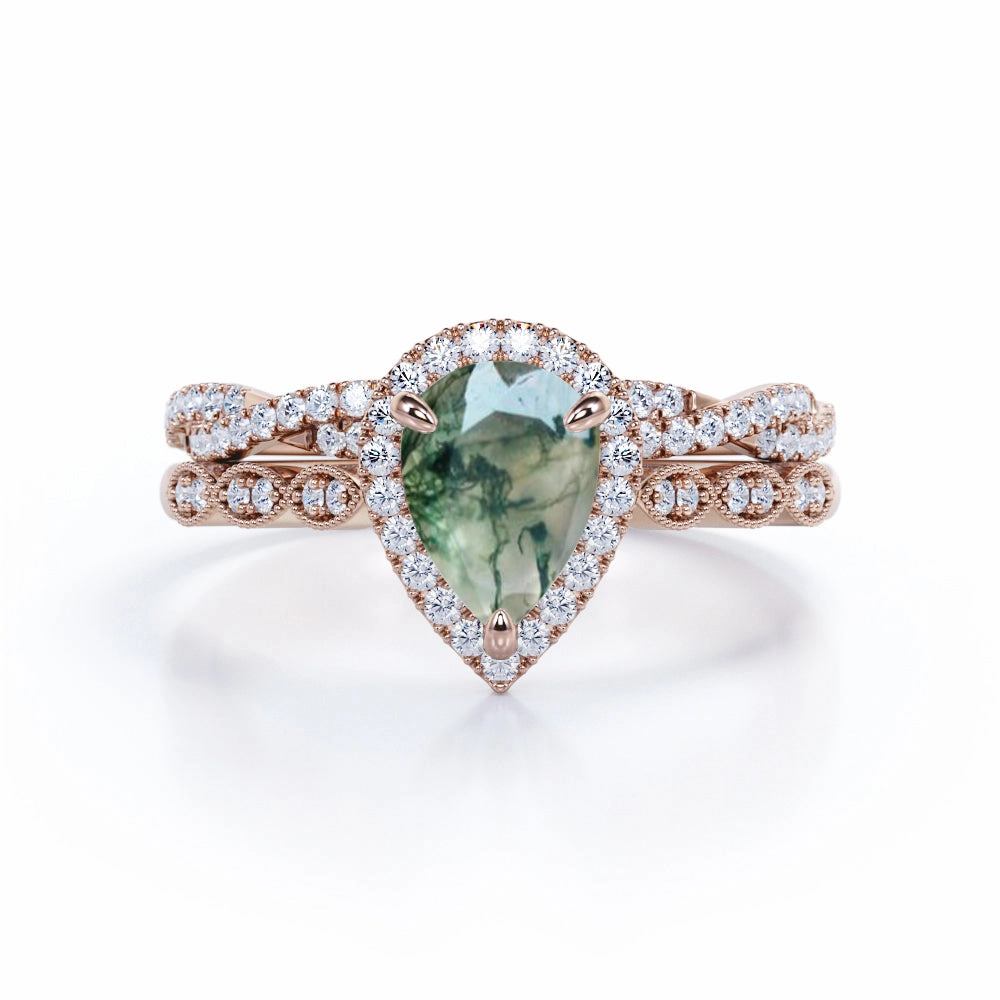 Artisan Art Scalloped Band 1.25 Carat Pear Cut Moss Agate Bridal Set