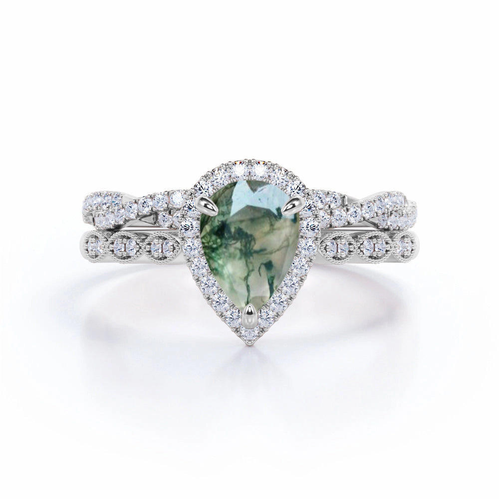 Scalloped Band 1.25 Carat Pear Cut Moss Agate Bridal Set Minimalist Keepsake Lightweight Gift