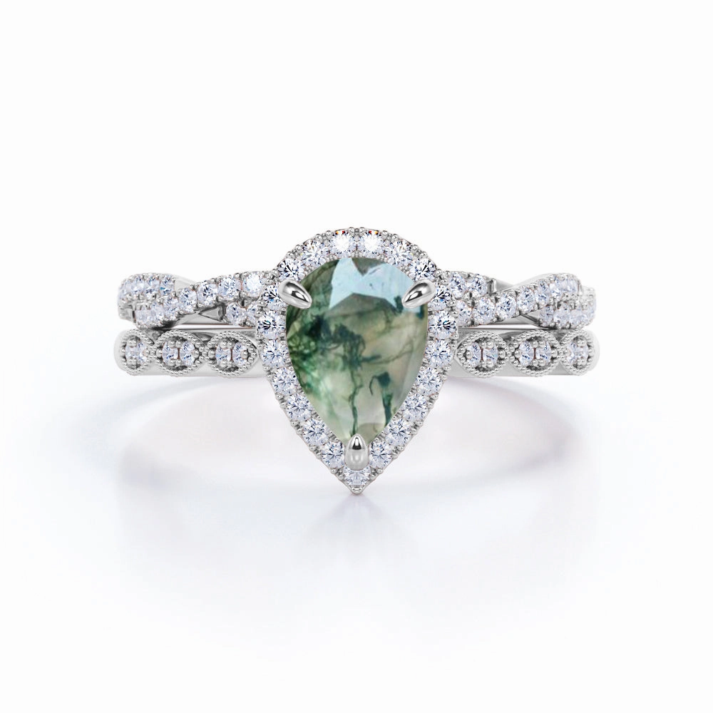 Scalloped Band 1.25 Carat Pear Cut Moss Agate Bridal Set Shiny Accessory