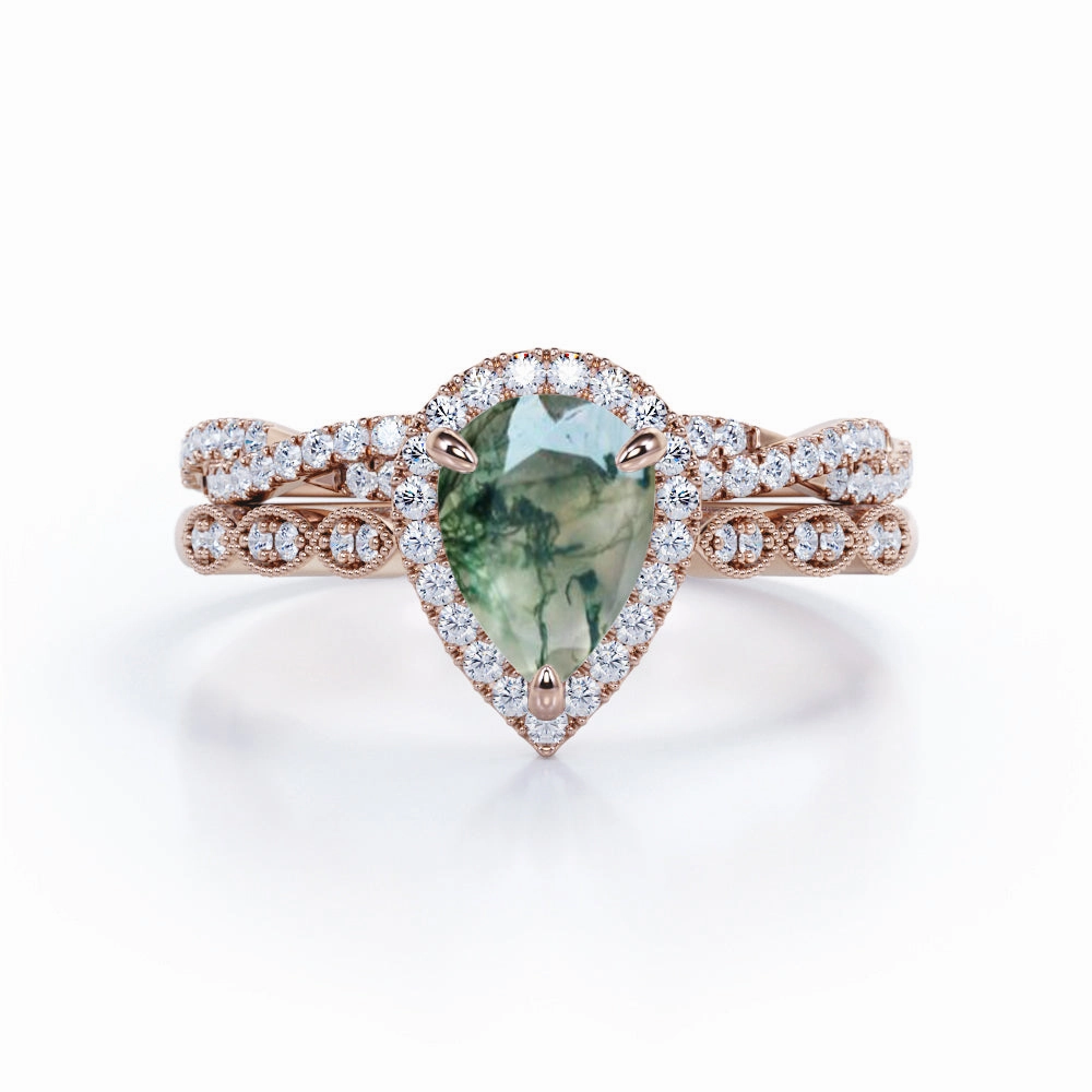 Scalloped Band 1.25 Carat Pear Cut Moss Agate Bridal Set Unique Accessory