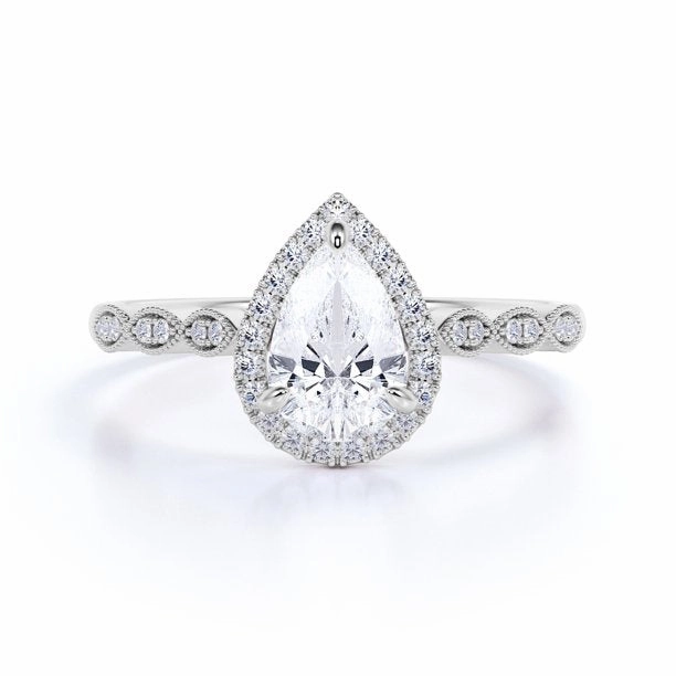 Vintage 1.25 Carat Moissanite Pear Cut Halo Engagement Ring Value Item