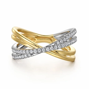 14K White and Yellow Gold Diamond Criss Cross Ladies Ring Daily Essential