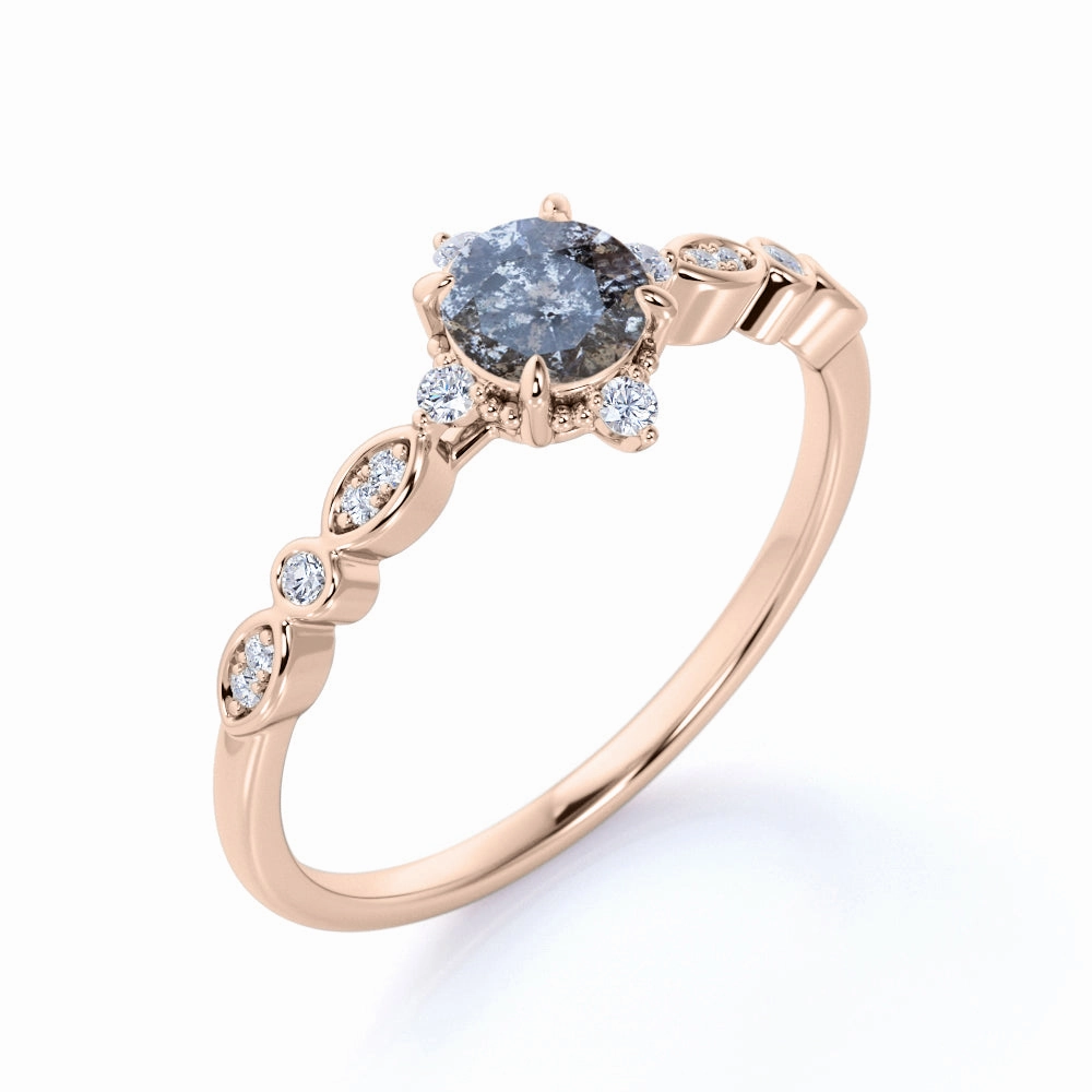 Dainty 0.85 Ct Round Salt and Pepper Diamond Engagement Ring HighEnd Symbol Hexagonal Style