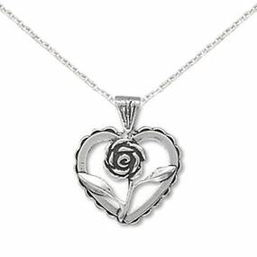 Heart with Rose Pendant Antiqued Sterling Silver Necklace - Made in the USA Modern Scene