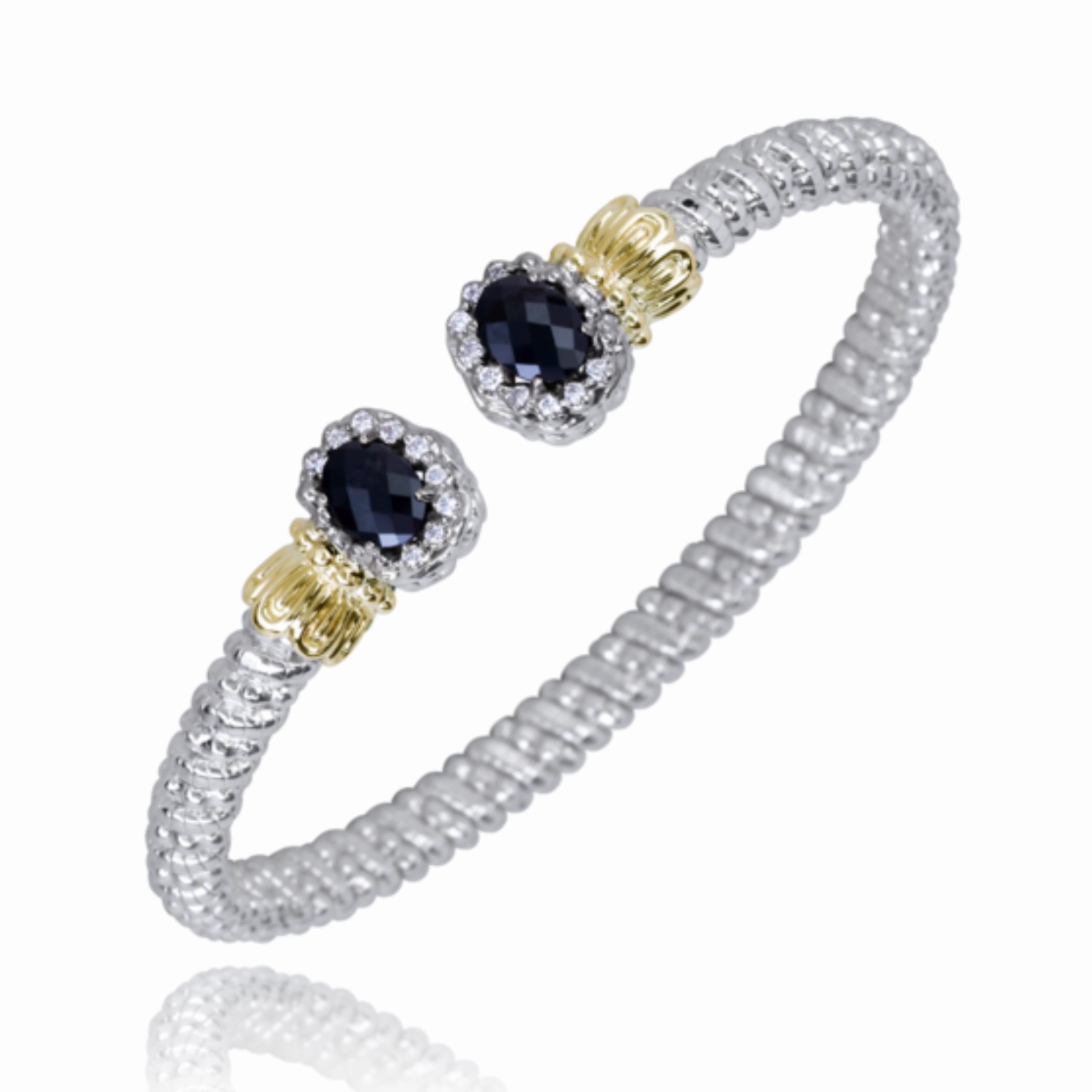 14K Yellow Gold and Sterling Silver Diamond Bangle Bracelet party accessory Textured Accent