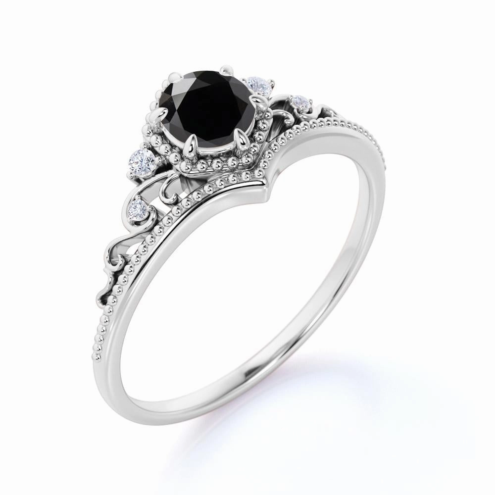Modern Texture 0.65 ct Round Lab Black Diamond Art Deco Engagement Ring