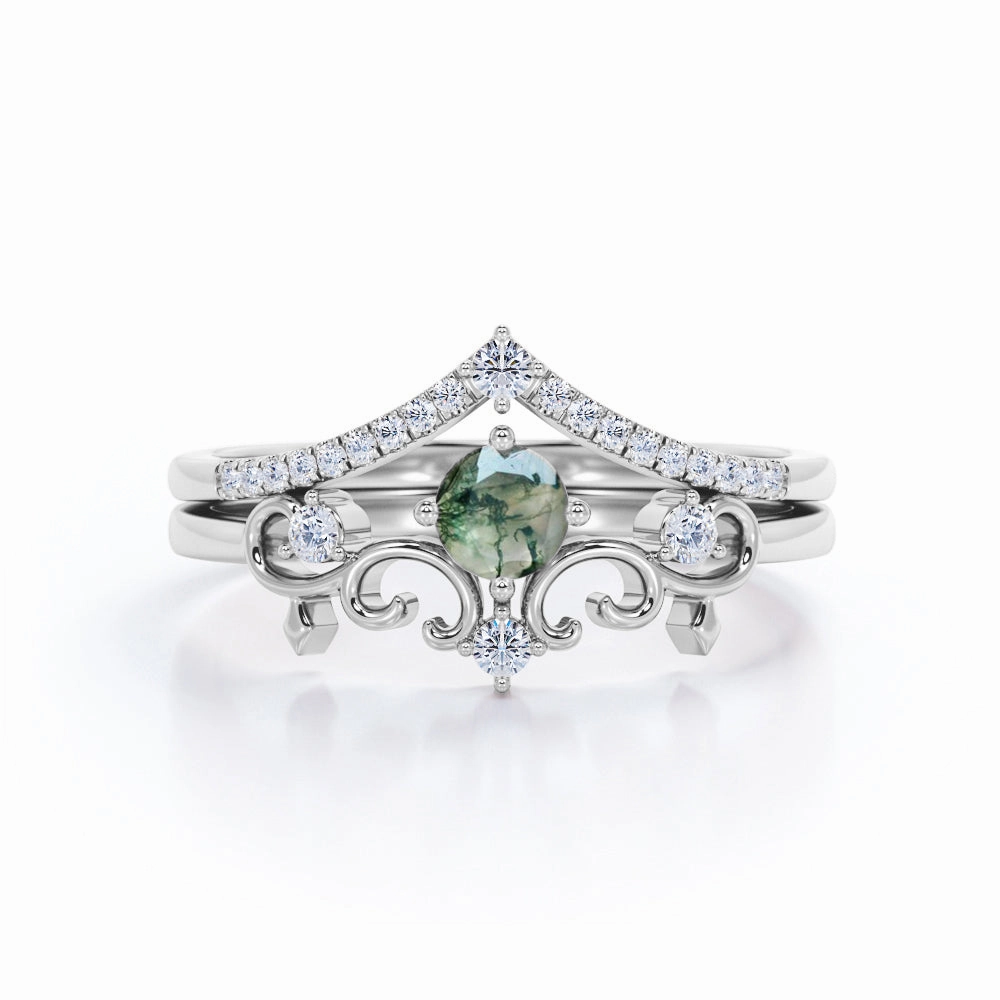 Secure Adornment Decorative Nestled Ring 0.7 carat Round Moss Agate and Moissanite Bridal Ring Set in White Gold