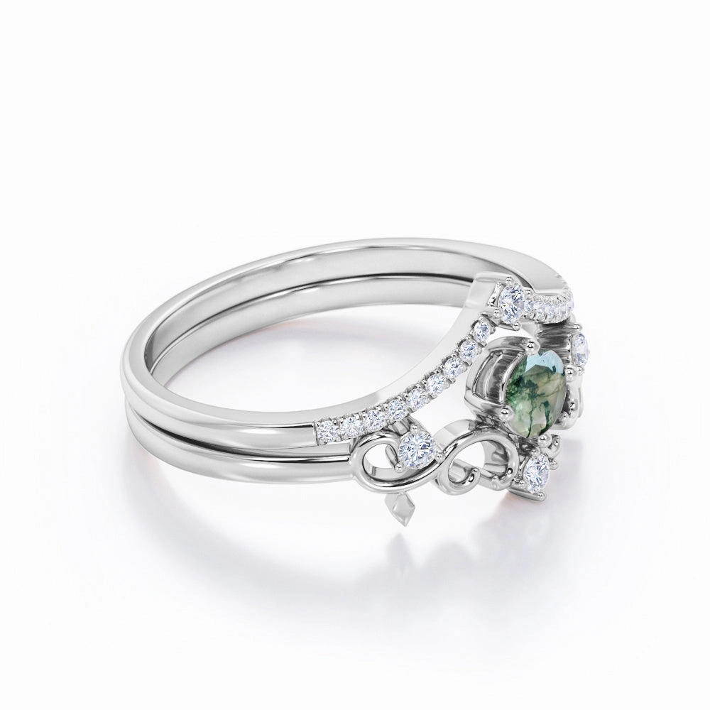 Decorative Nestled Ring 0.7 carat Round Moss Agate and Moissanite Bridal Ring Set in White Gold Meaningful Art Delicate Craft
