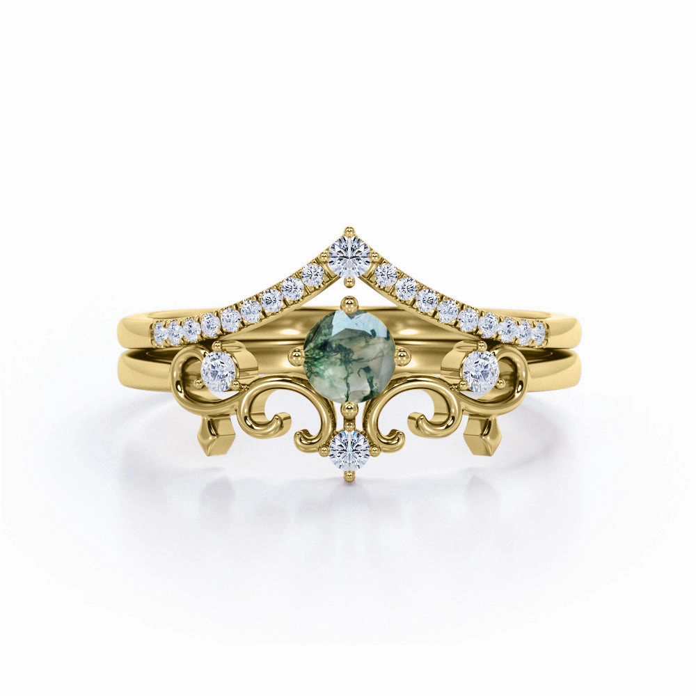 Decorative Nestled Ring 0.7 carat Round Moss Agate and Moissanite Bridal Ring Set in White Gold Seasonal Gift
