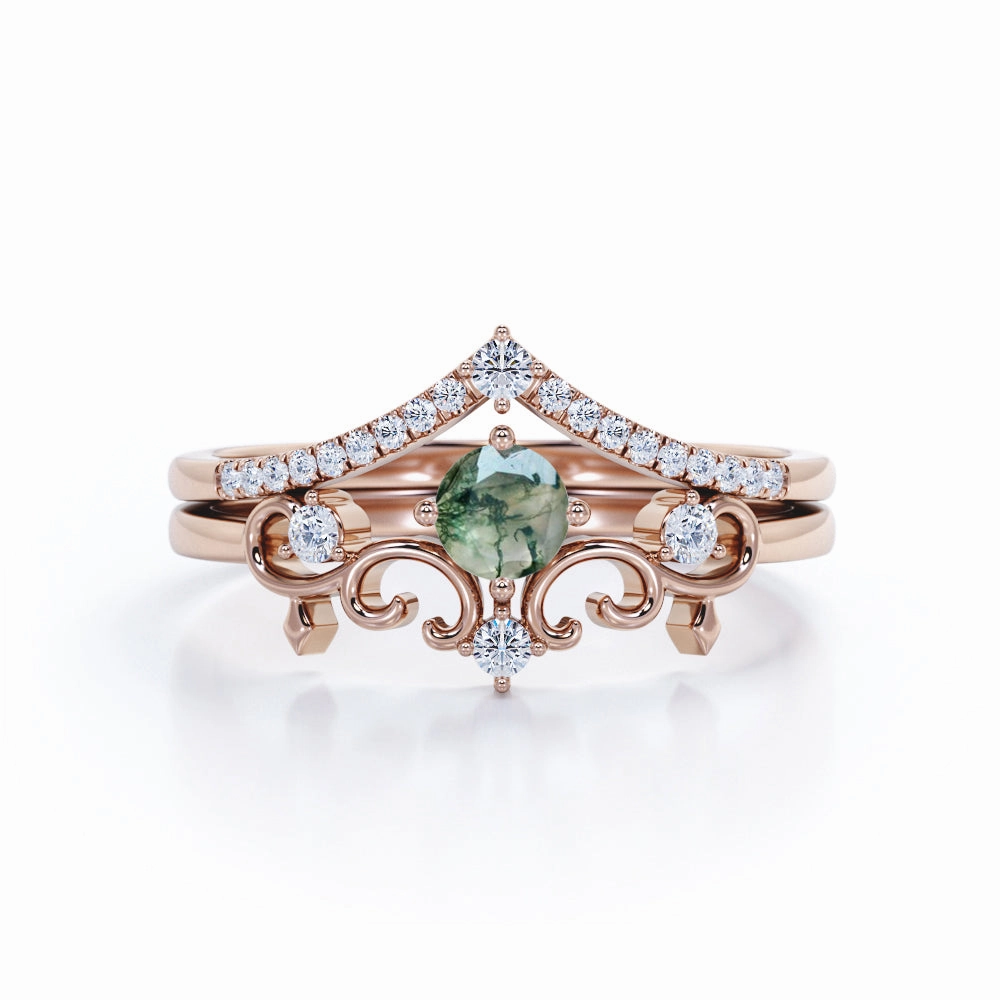 Retro Inspired Decorative Nestled Ring 0.7 carat Round Moss Agate and Moissanite Bridal Ring Set in White Gold