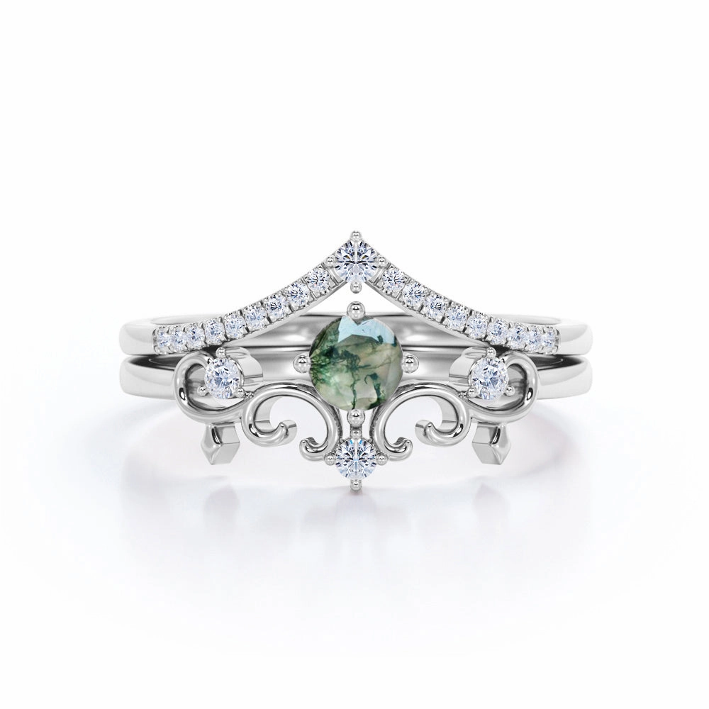 Custom Statement Decorative Nestled Ring 0.7 carat Round Moss Agate and Moissanite Bridal Ring Set in White Gold