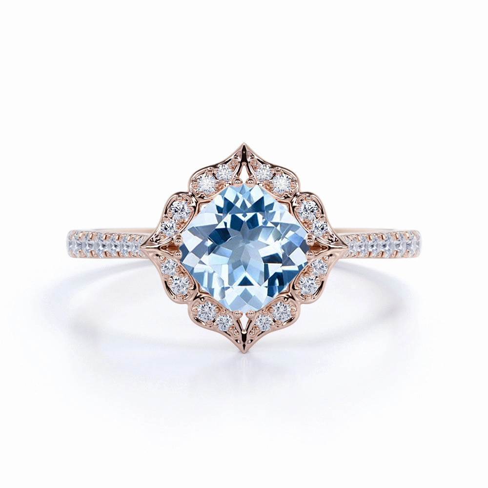 Daily Flow Flower Style 1.50 ct Cushion Aquamarine Halo Engagement Ring