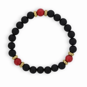 Dee Berkley Mens 8mm Matte Black Agate WIth Gold Tone Spacers & Red Shell Coral Accent Beads Sleek Glow