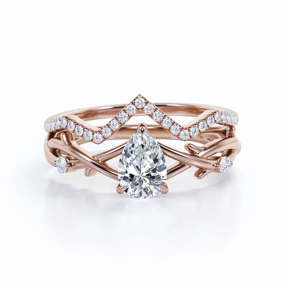 Polished Structure 1 Ct Pear Cut Diamond Nature Wedding Ring Set