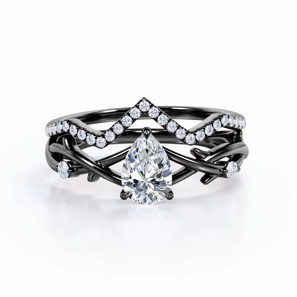 Branded Expression 1 Ct Pear Cut Diamond Nature Wedding Ring Set