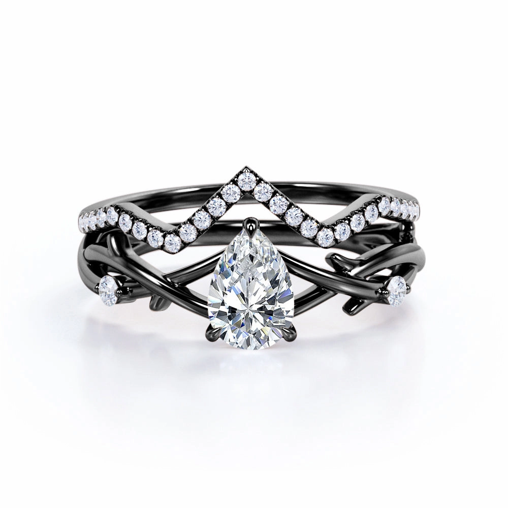 Dreamy Style Excellent Statement 1 Ct Pear Cut Diamond Nature Wedding Ring Set