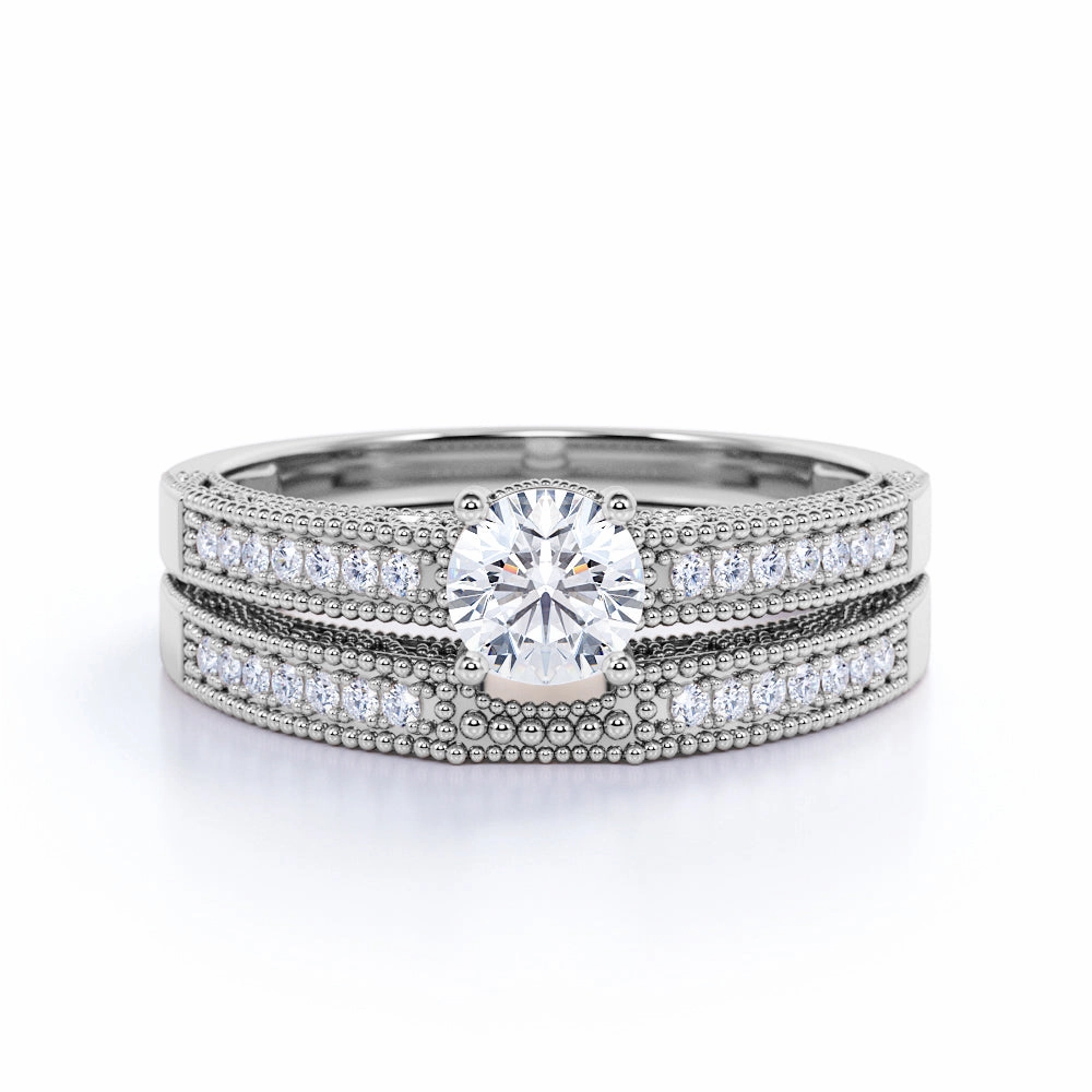 Fantastic Adornment Delicate Basket Prong 0.75 CT TDW Round Cut Diamond and Milgrain Micro Pave Matching Bridal Set Rings