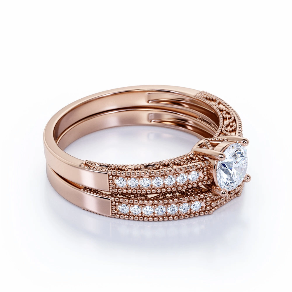 Unique product Delicate Basket Prong 0.75 CT TDW Round Cut Diamond and Milgrain Micro Pave Matching Bridal Set Rings