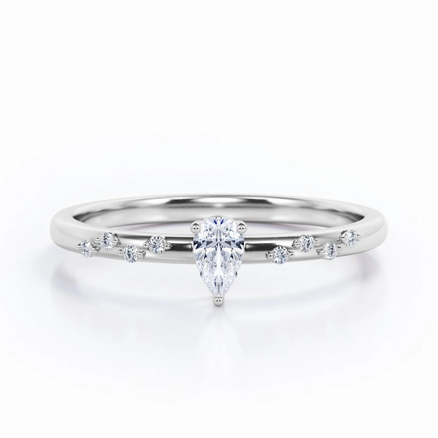 Daytime Style Dramatic Detail Dainty Design - 0.3 TCW Teardrop Diamond - Flush Prong Engagement Ring in White Gold