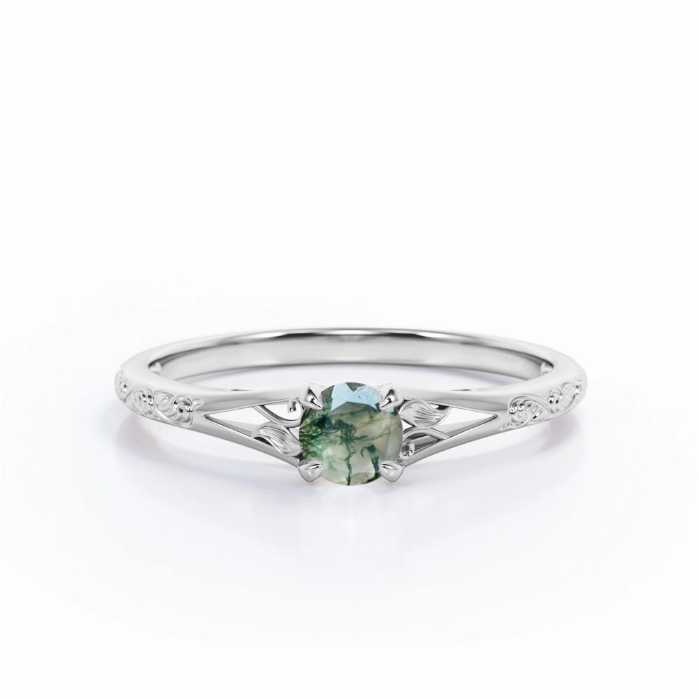 Gift For Couple 0.33 Ct Round Green Moss Agate Filigree Engagement Ring