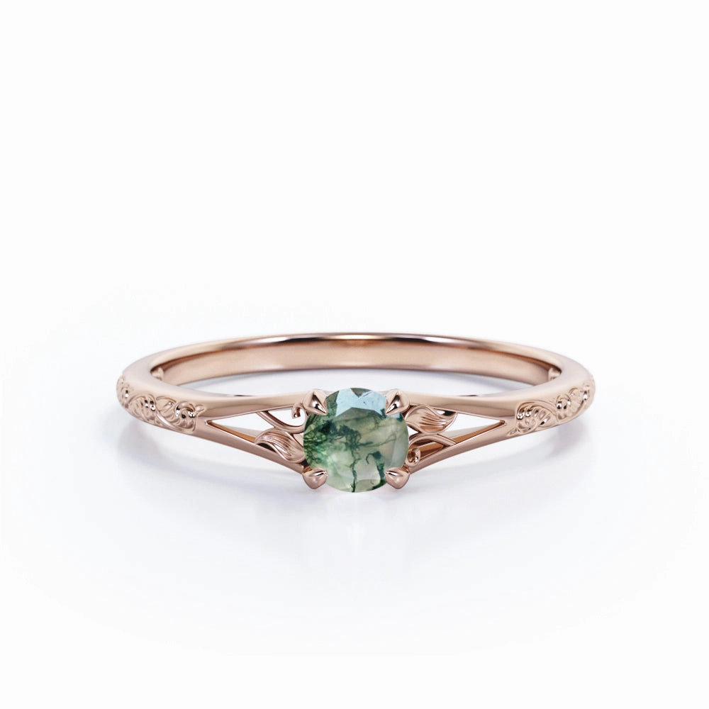 0.33 Ct Round Green Moss Agate Filigree Engagement Ring Timeless Embellishment Strong Gift