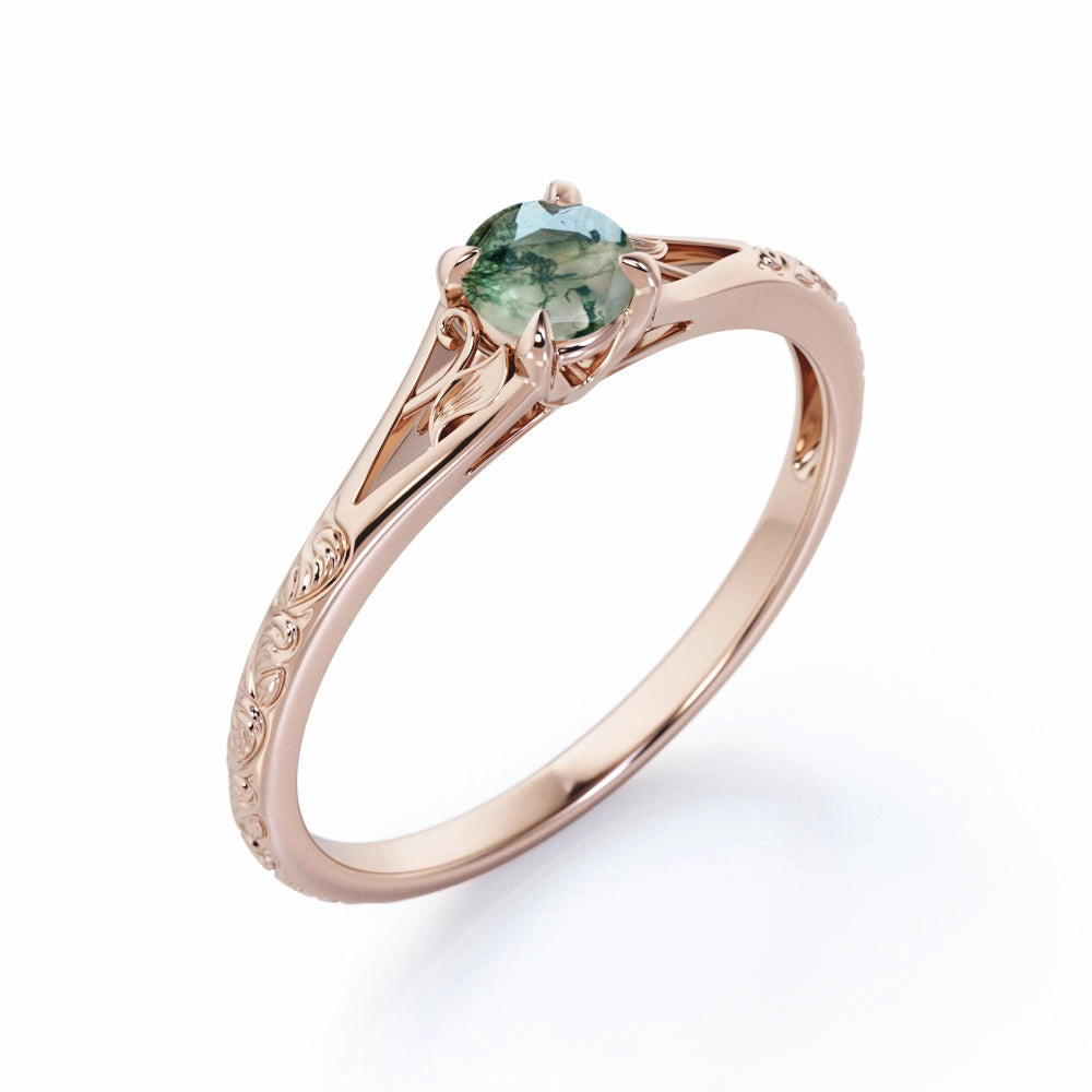 Value Item 0.33 Ct Round Green Moss Agate Filigree Engagement Ring