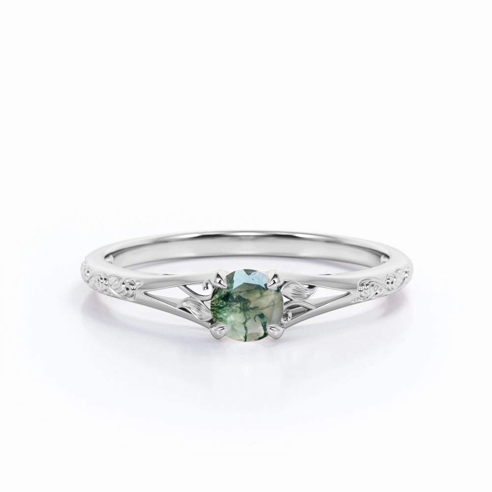 gentle style 0.33 Ct Round Green Moss Agate Filigree Engagement Ring