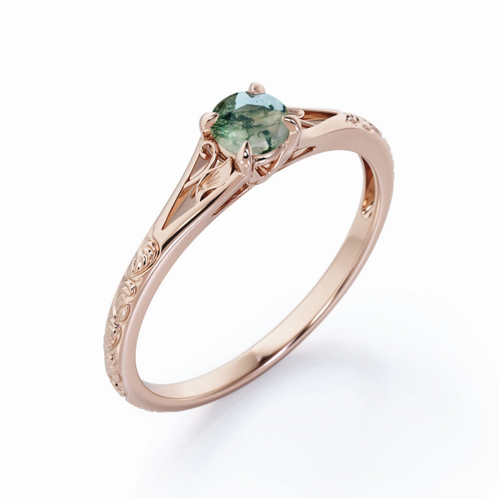 0.33 Ct Round Green Moss Agate Filigree Engagement Ring Lively Accent Practical Appearance