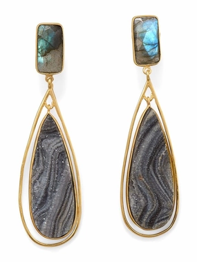 Desert Druzy Labradorite Earrings Teardrop Post Dangle Gold-plated Silver Rectangular Ornament