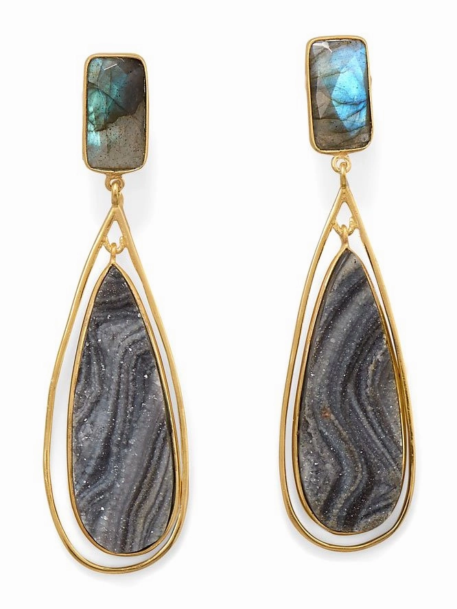 Desert Druzy Labradorite Earrings Teardrop Post Dangle Gold-plated Silver Rectangular Ornament
