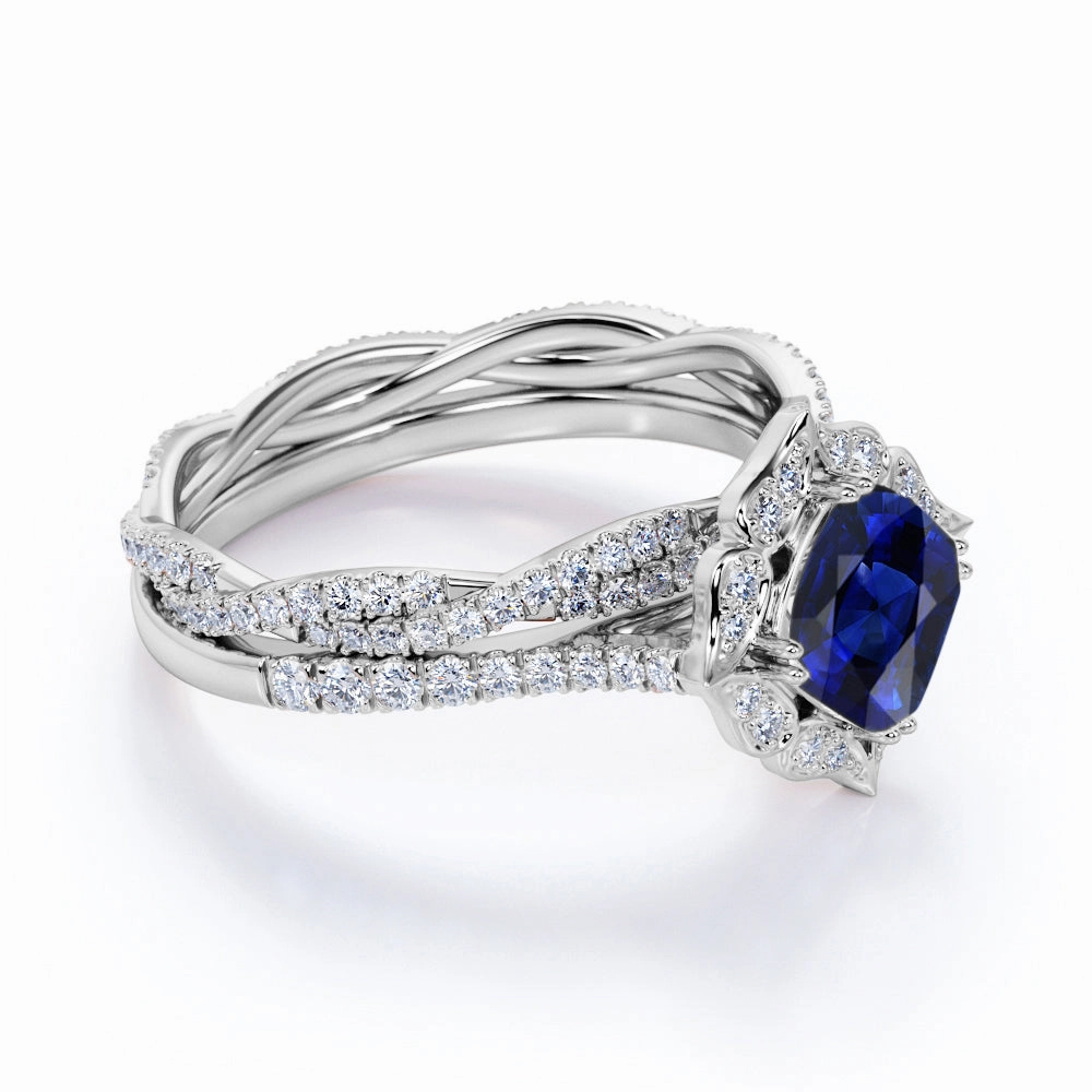 Bold Statement 1.75 Ct Cushion Cut Lab Sapphire Twisted Bridal Set