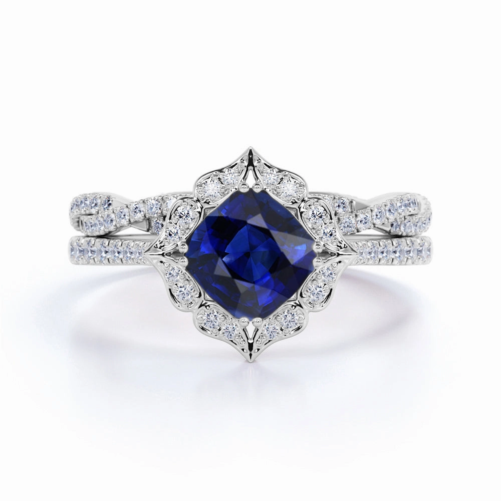 Low-Cost Product 1.75 Ct Cushion Cut Lab Sapphire Twisted Bridal Set