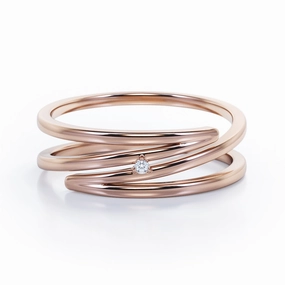 Everyday Fashion Solitaire Three Prong Dainty 0.05 Carat Round Cut Diamond Spiral Stackable Ring In Rose Gold