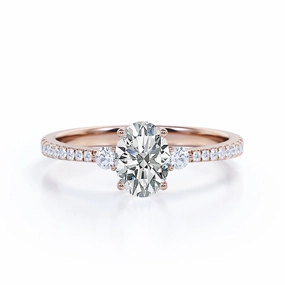 Trilogy Basket Set 0.85 CT TDW Oval Cut Diamond Tapered Shank Pave Engagement Ring for Women Smooth Surface Bridal Set