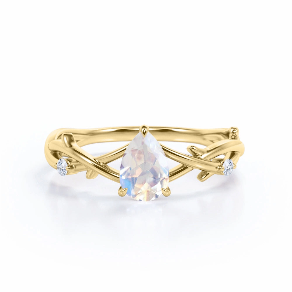 1.15 ct Pear Rainbow Moonstone Leaf Engagement Ring Casual Charm
