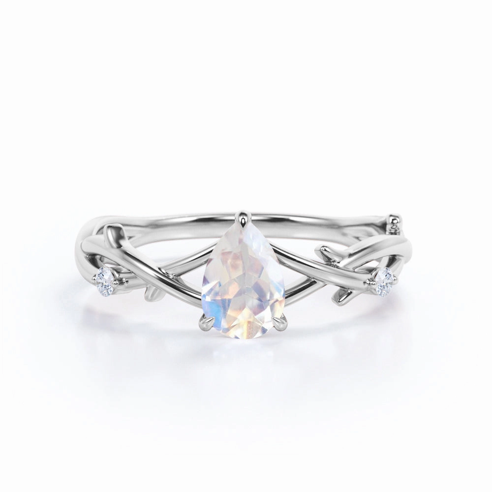 1.15 ct Pear Rainbow Moonstone Leaf Engagement Ring Date night Artistic Creation