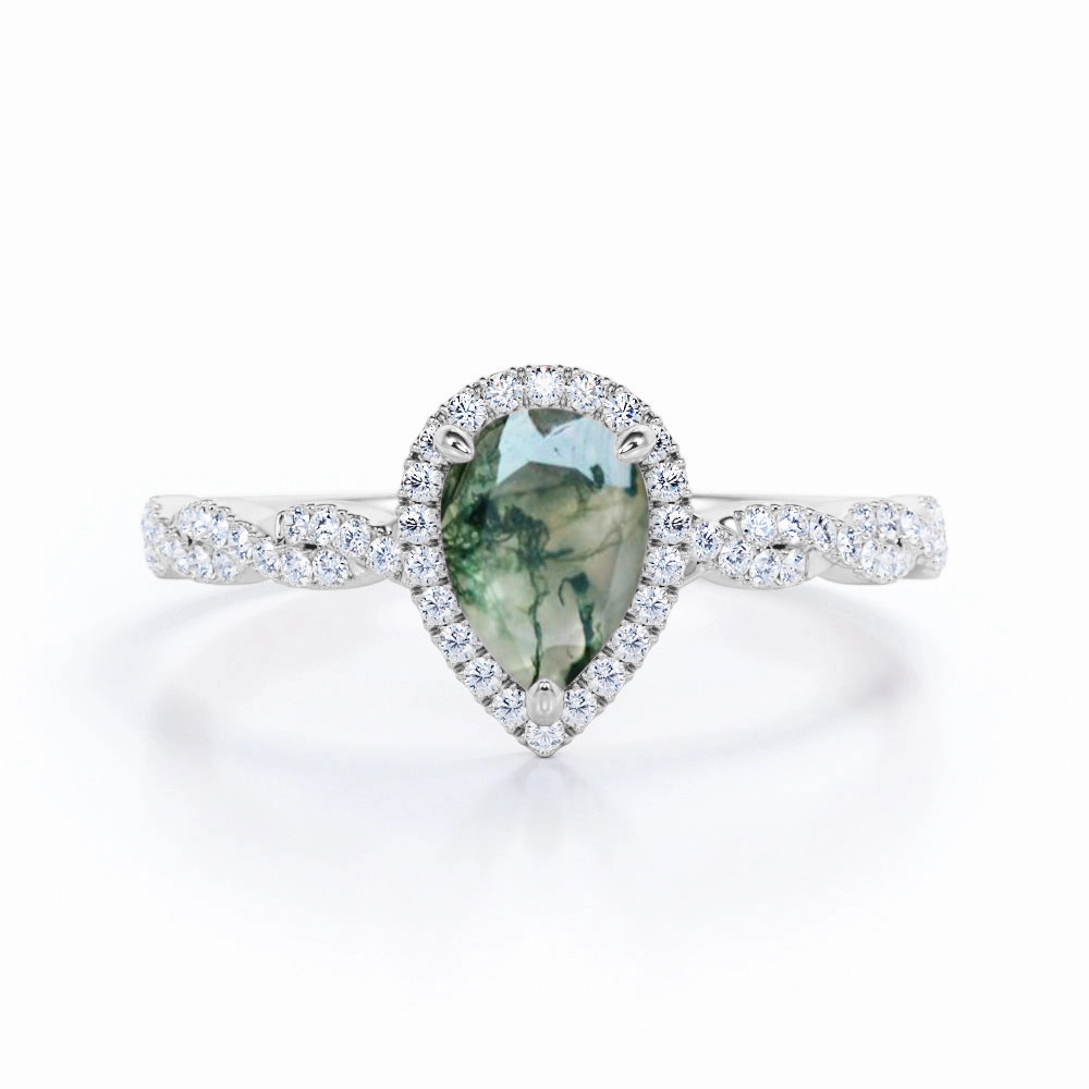 Love Token Exquisite Gift Dainty Infinity 1.25 Carat Pear Moss Agate Engagement Ring