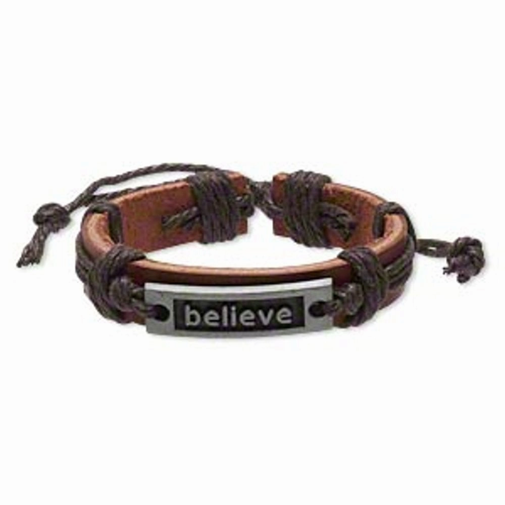 Clear Amalgamations Opportune Collaboration AzureBella Jewelry Believe Bracelet Brown Leather with Metal Engraved Plate - Adjustable Length