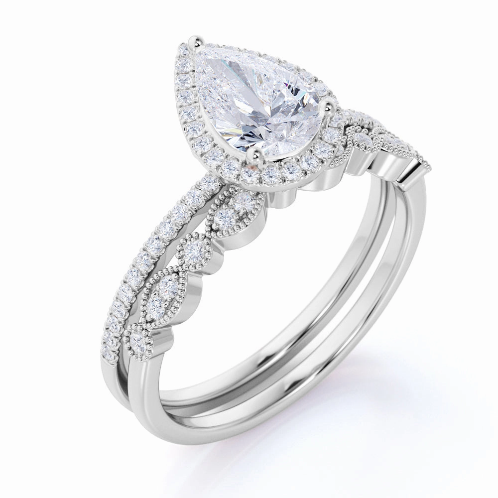 Contemporary Keepsake Halo 1 Ct Pear Cut Diamond Wedding Ring Set