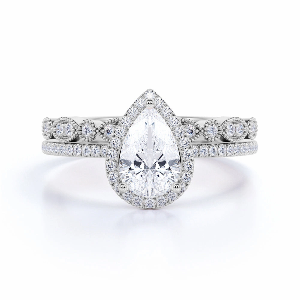 Unique Creation Halo 1 Ct Pear Cut Diamond Wedding Ring Set