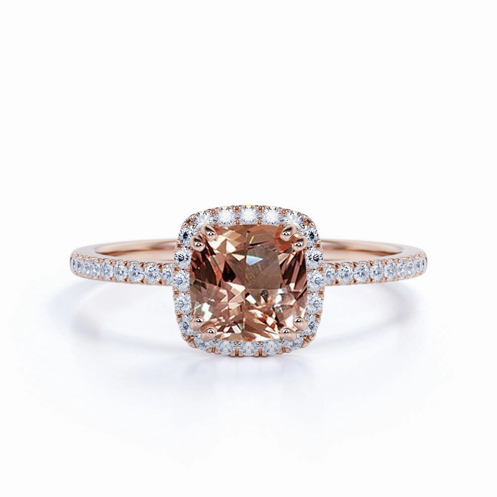 Compact Design Vintage 1.25 ct Cushion Peach Morganite Engagement Ring