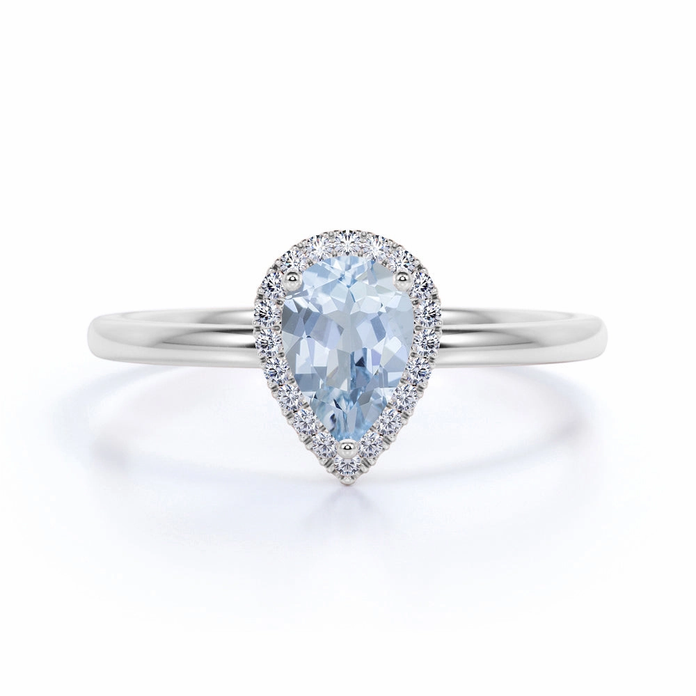Ancient Style Halo 1.25 ct Pear Aquamarine Solitare Engagement Ring
