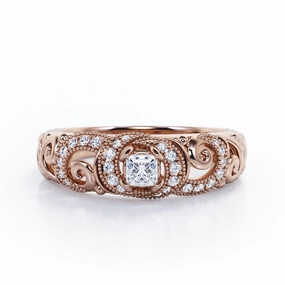 Designer Spiral Filigree 0.3 TCW Princess Cut Diamond Beaded Pave Accented Engagement Ring in 10K Rose Gold Work Friendly
