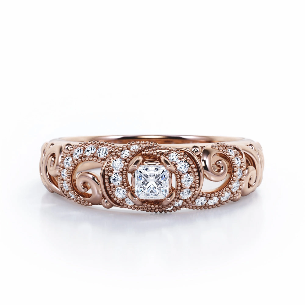 Designer Spiral Filigree 0.3 TCW Princess Cut Diamond Beaded Pave Accented Engagement Ring in 10K Rose Gold Work Friendly