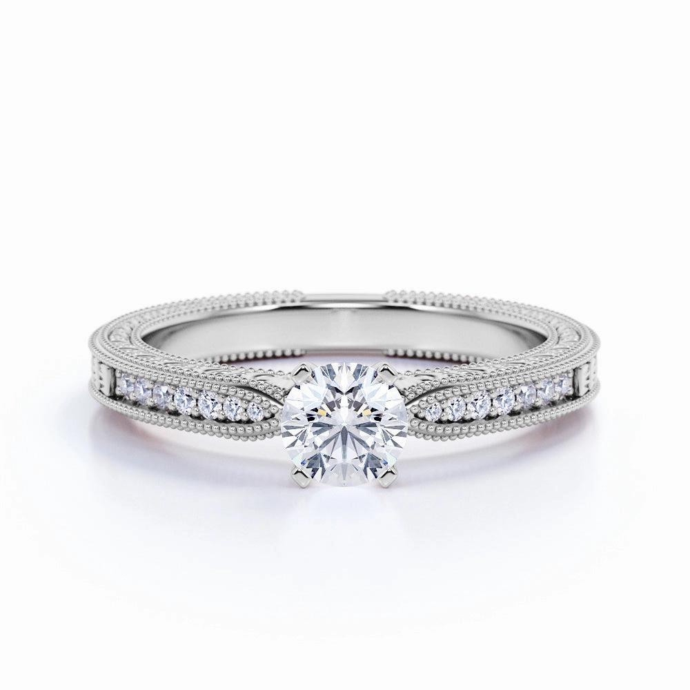 Milgrain 0.50 Ct Round Cut Diamond Engagement Ring Superior Art Contemporary Accent