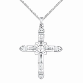Personalized Gift Diamond Cross Filigree Necklace with Rope Chain 1/12 CTW
