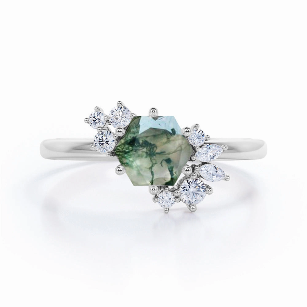 Elegant Outfit Clustered 0.6 Carat Hexagon Moss Agate Engagement Ring